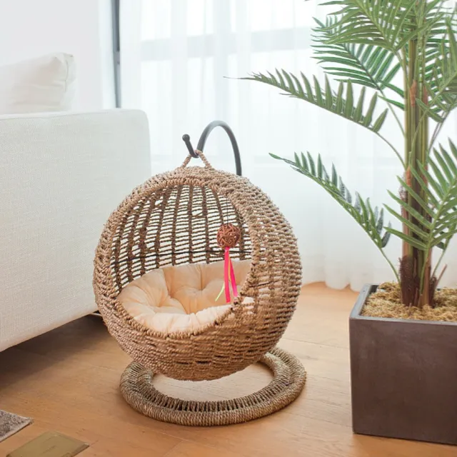 【MOOG 沐格】半封閉式寵物吊床 貓籠專用圓形貓吊床 藤編夏季貓窩 四季通用貓床籃寵物窩