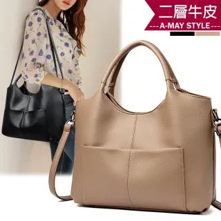 【Amay Style 艾美時尚】秋新品 真皮女包 手提包 斜背包 大容量歐美時尚牛皮手提側肩背托特包(2色.預購)