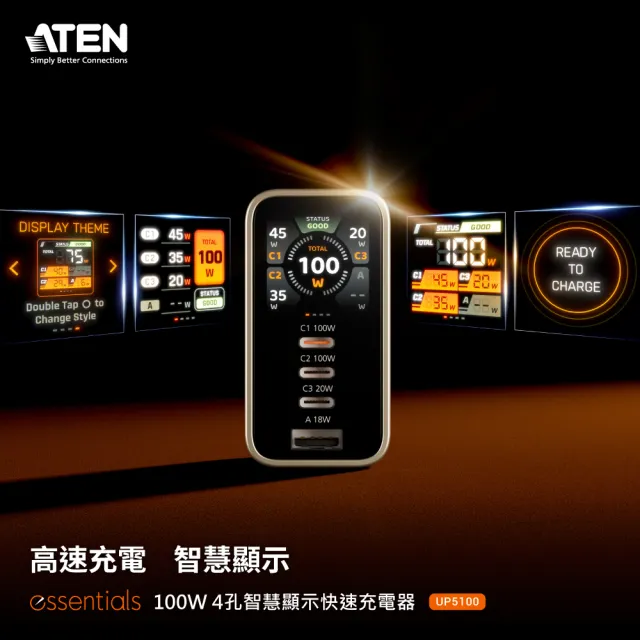 【ATEN】100W 氮化鎵 4孔智慧顯示快速充電器 (UP5100) 充電頭 送1M 240W充電線