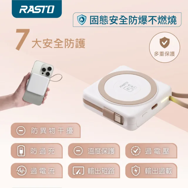 【RASTO】MD-BP087-Plus台灣製小方塊固態自帶線磁吸行動電源(5000mAh/標示19.25Wh可帶上飛機)