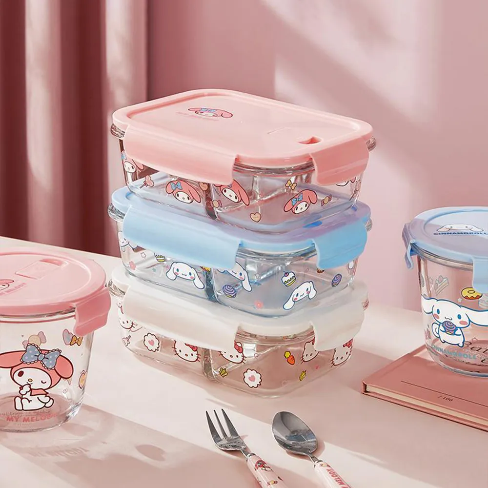 【SANRIO 三麗鷗】大耳狗凱蒂貓美樂蒂2格玻璃保鮮盒便當盒(可微波)
