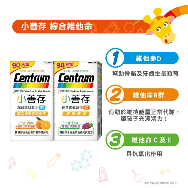 【CENTRUM 善存】小善存綜合維他命+C 葡萄口味甜嚼錠2盒(90錠/盒-4-16歲兒童 關鍵綜合維生素與礦物質配方)