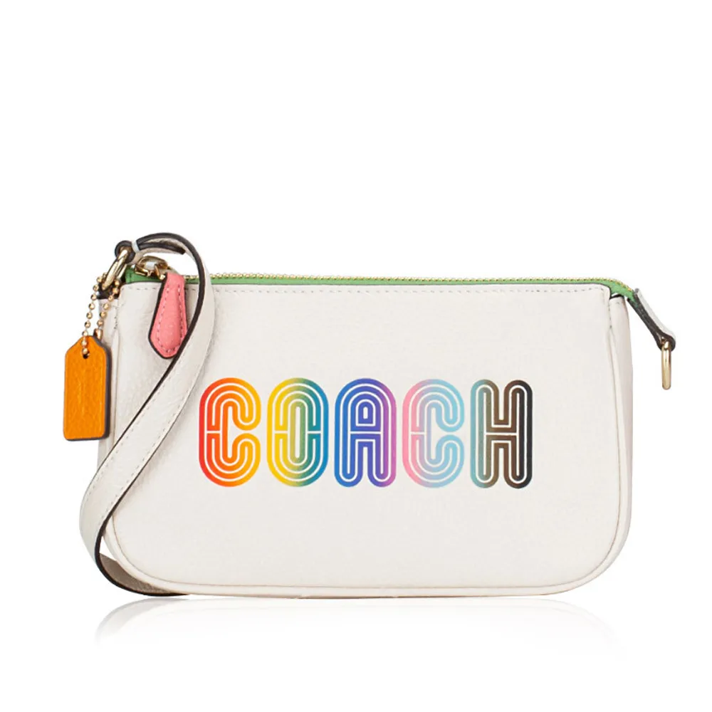 【COACH】彩虹壓印LOGO荔枝皮革撞色麻將包