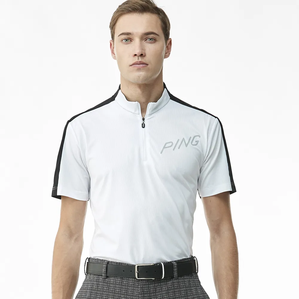 【PING】男款LOGO素面立領運動短袖POLO衫-白(吸濕排汗/抗UV/GOLF/高爾夫球衫/PA23128-87)