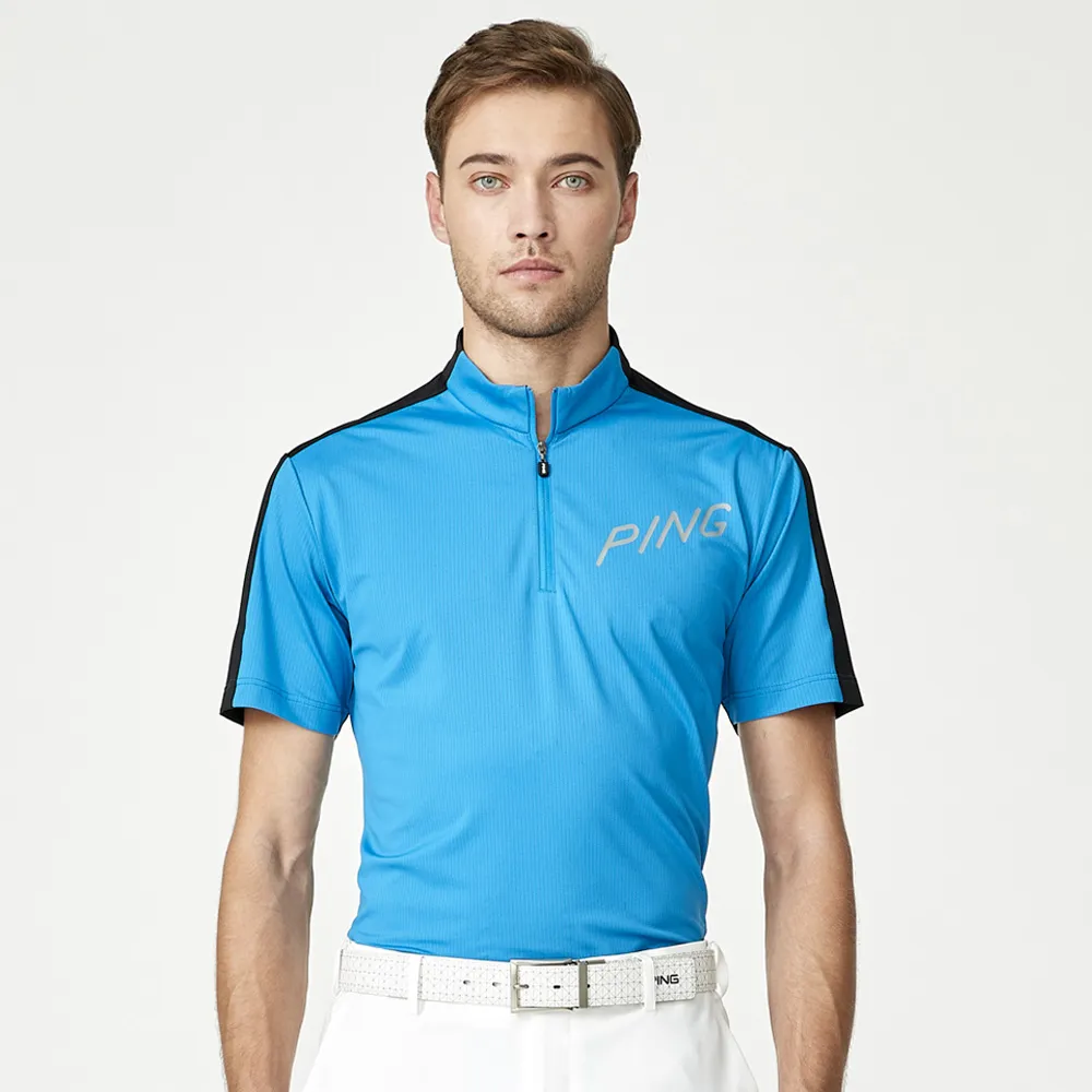 【PING】男款LOGO素面立領運動短袖POLO衫-藍(吸濕排汗/抗UV/GOLF/高爾夫球衫/PA23128-56)
