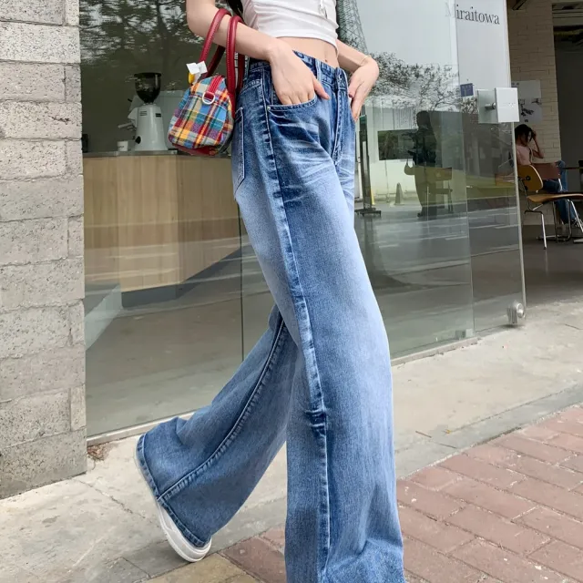 【AS 梨卡】隔日到貨 女裝 長褲 喇叭褲 牛仔長褲 美式牛仔 直筒牛仔褲 復古長褲 夏天拖地長褲 GA906