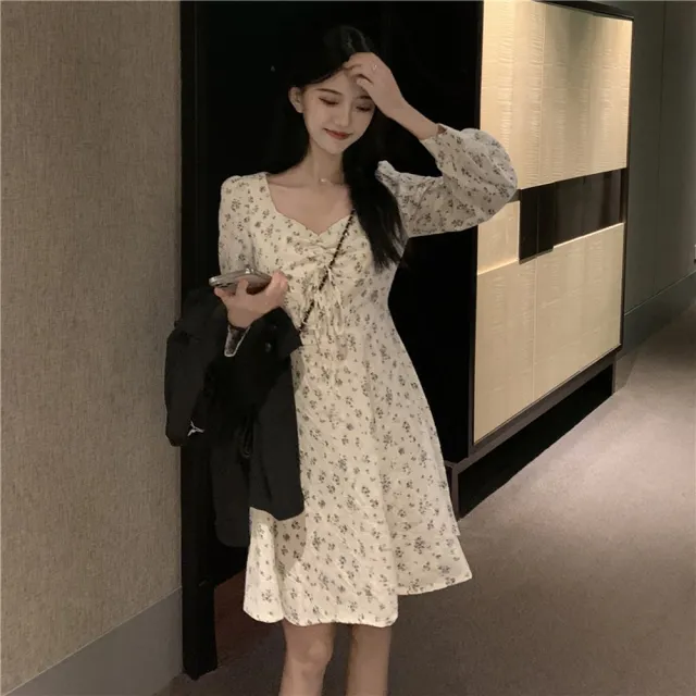 【AS 梨卡】女裝 連身短裙 長袖碎花洋裝 洋裝 薄款連身裙 氣質短裙 秋冬洋裝 顯瘦短裙 VG265