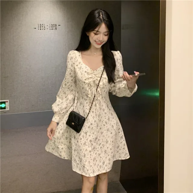 【AS 梨卡】女裝 連身短裙 長袖碎花洋裝 洋裝 薄款連身裙 氣質短裙 秋冬洋裝 顯瘦短裙 VG265