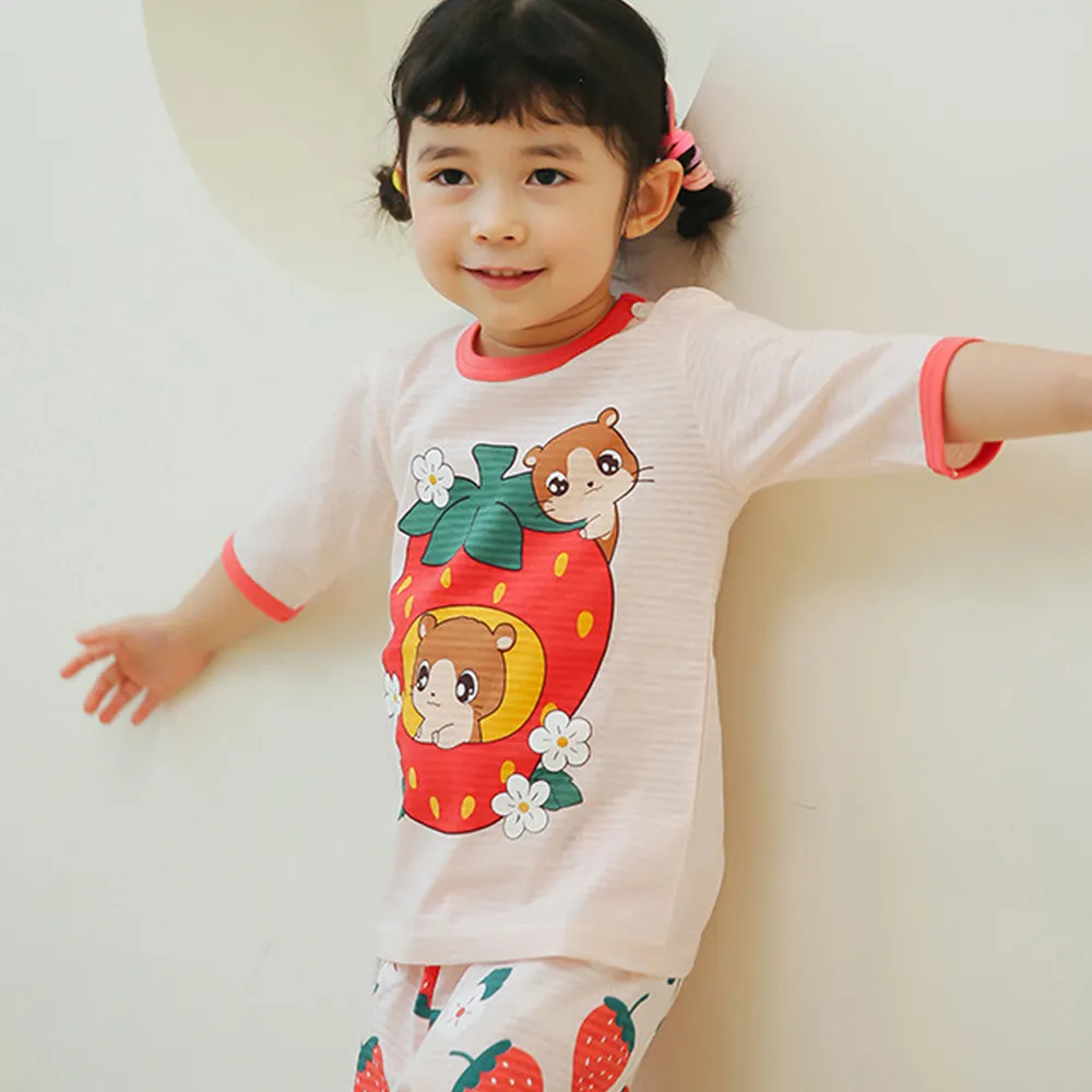 【Puco】正韓超優質嬰幼兒/兒童七分袖100% 有機純棉家居服/睡衣/家居套裝組_草莓倉鼠(PC21-014)