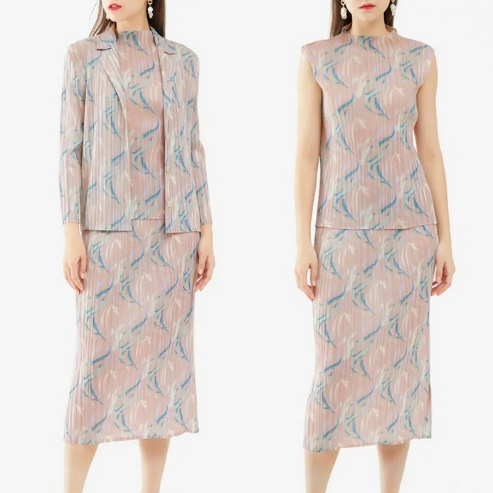【米蘭精品】現貨+預購 三宅風皺褶衣服套裝女西裝外套背心長裙摺衣彈力女裝顯瘦折衣大碼(印花74cg17)
