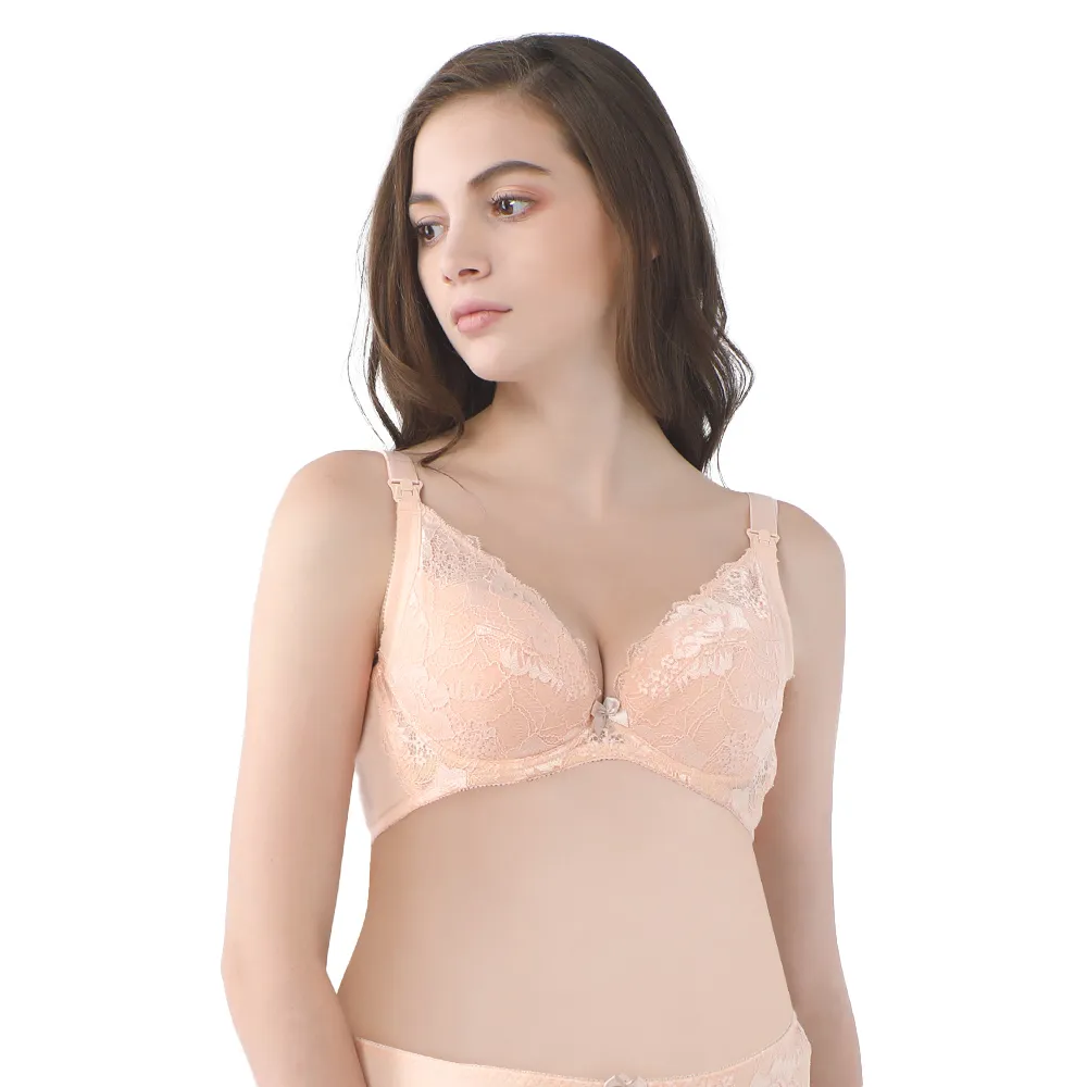 【Gennies 奇妮】哺乳內衣 深V美型蕾絲軟鋼圈內衣(粉柑)