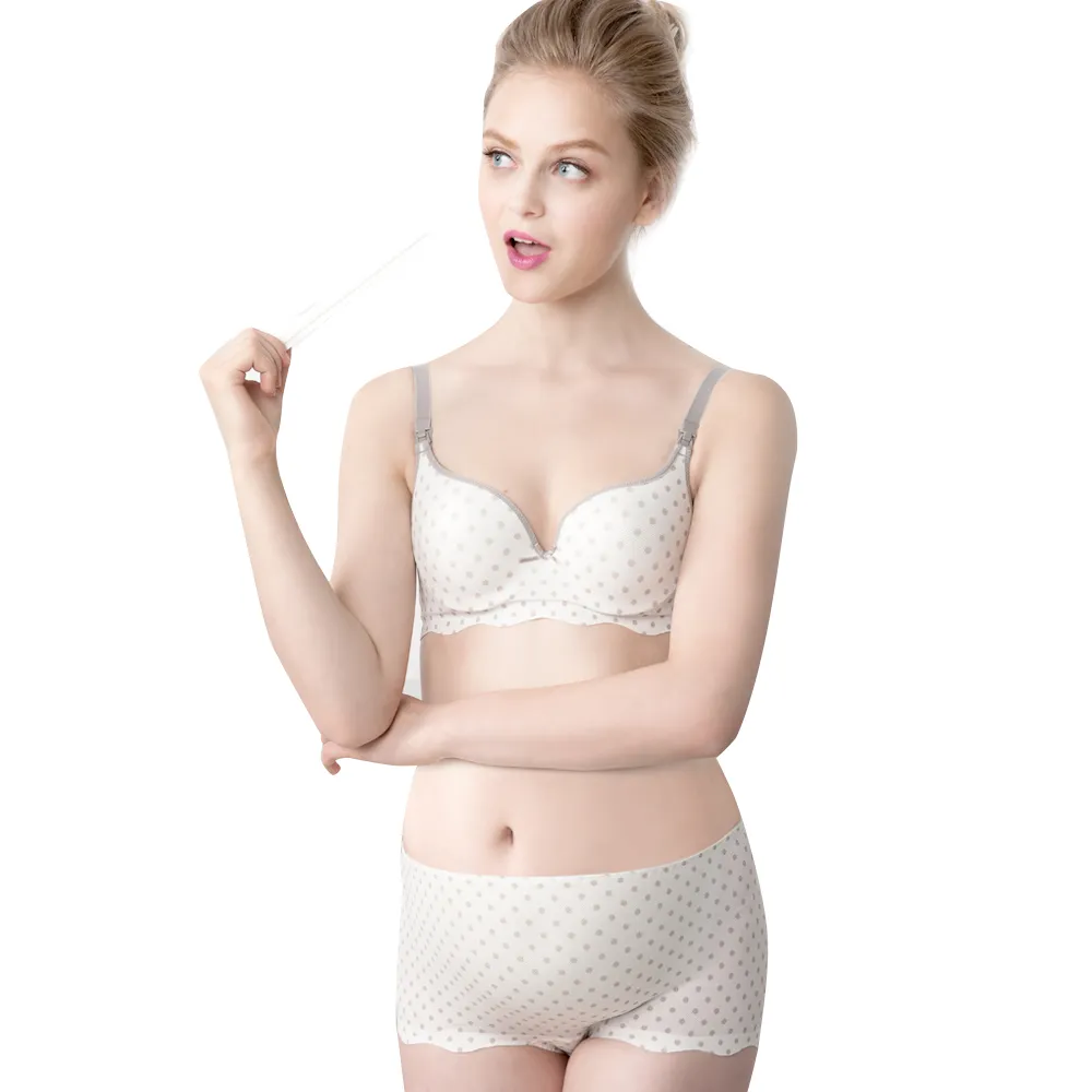 【Gennies 奇妮】哺乳內衣褲成套 涼感軟鋼圈內衣 高腰內褲 美波動(孕婦內衣 上開扣 孕婦內褲 灰點 A29B29)