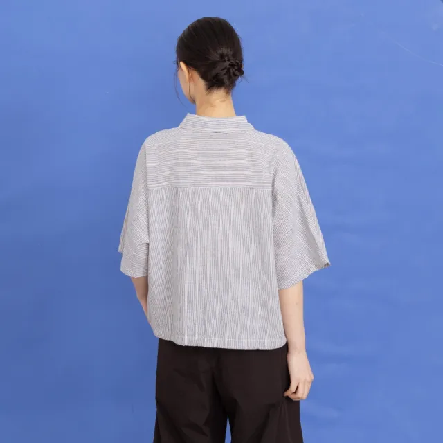 【MOSS CLUB】條紋綁帶短袖連袖休閒襯衫 藍 黑