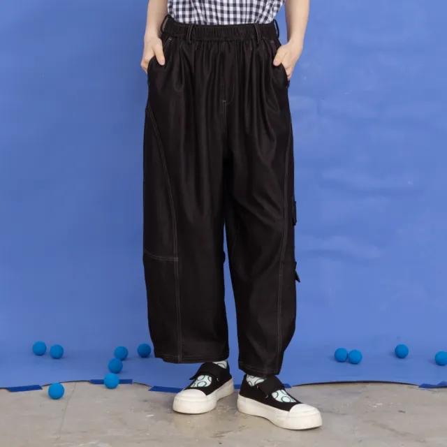【MOSS CLUB】不對稱裝飾袋蓋繭型闊腿寬褲 藍 淺藍 黑