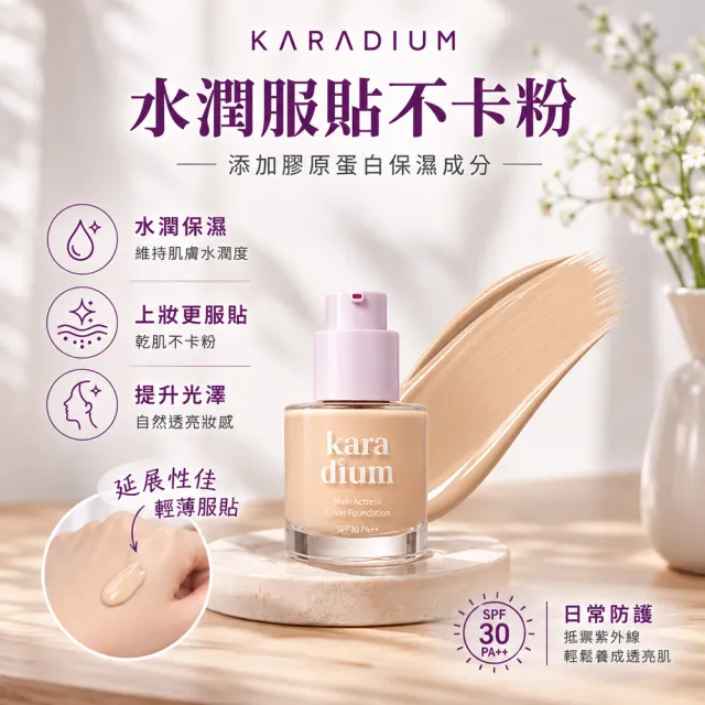 【Karadium】韓國原裝SPF50+PA+++膠原蛋白smart防曬粉餅+三重功效遮瑕粉底液 無暇美肌底妝組
