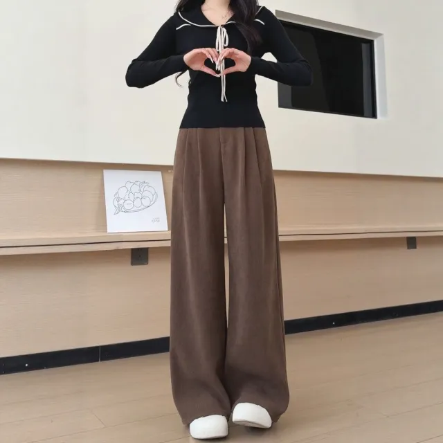 【LANNI 藍尼】★雙扣垂墜闊腿直筒褲(女裝/長褲/寬褲/休閒/百搭/日系/通勤)