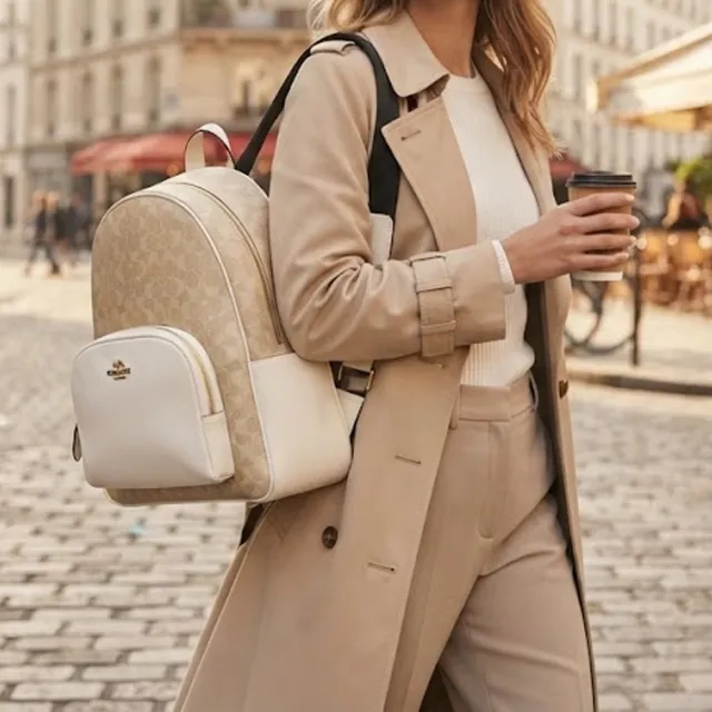 【COACH】金字馬車緹花LOGO雙側置物拉鍊後背包-灰褐
