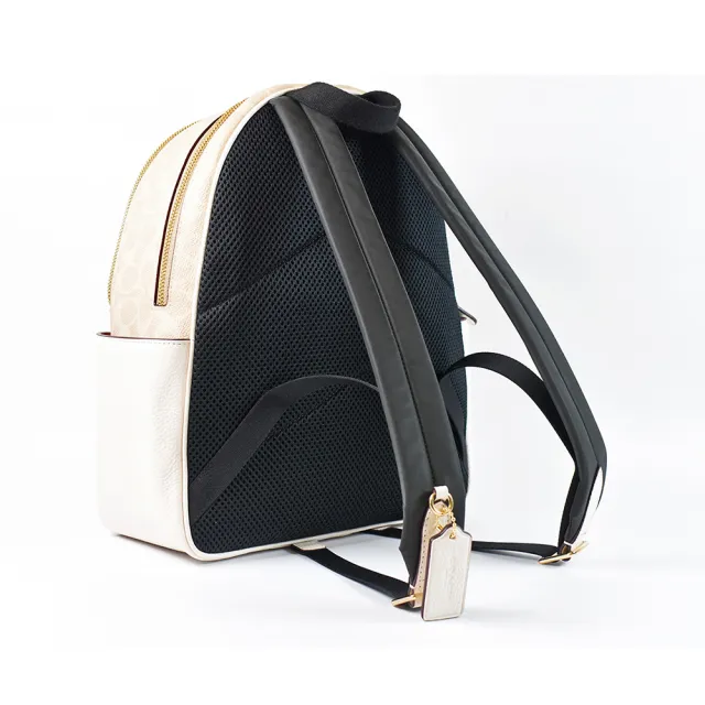 【COACH】緹花LOGO雙側置物拉鍊後背包-灰褐