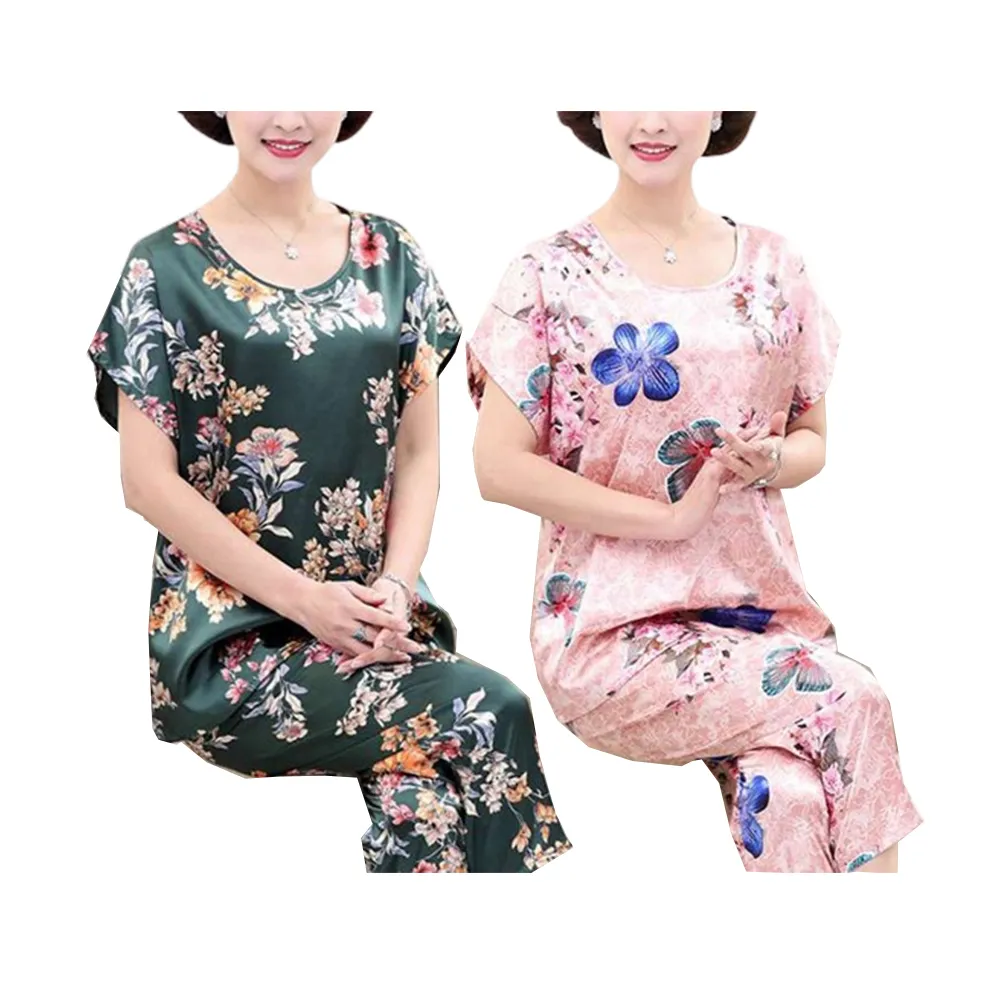 【K.W.】型-冰涼絲綢緞高貴印花套裝四件組