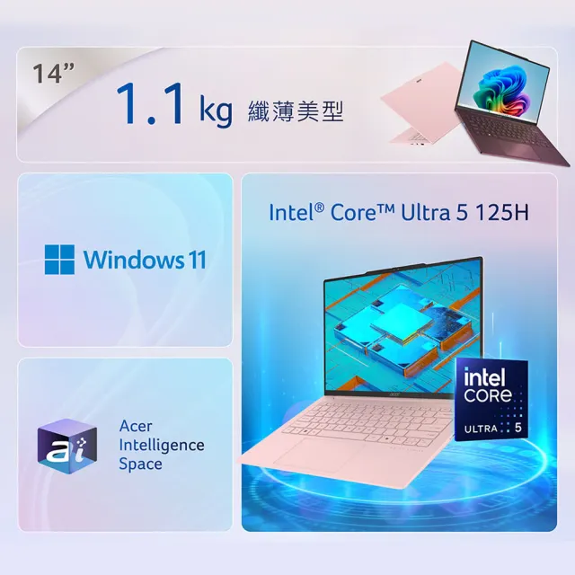 【Acer 宏碁】14吋Ultra5極致輕薄OLED AI筆電-柔霧粉(Swift Air/SFA14-71M-5001/Ultra5-125H/16G/512G/W11)