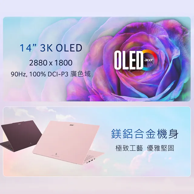 【Acer 宏碁】14吋Ultra5極致輕薄OLED AI筆電-柔霧粉(Swift Air/SFA14-71M-5001/Ultra5-125H/16G/512G/W11)