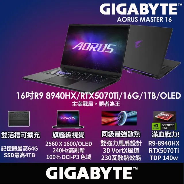 【GIGABYTE 技嘉】16吋Ryzen9 8940HX RTX5070Ti電競筆電(AORUS MASTER 16 8XJJ4TWE94SH/16G/1TB/W11/OLED)