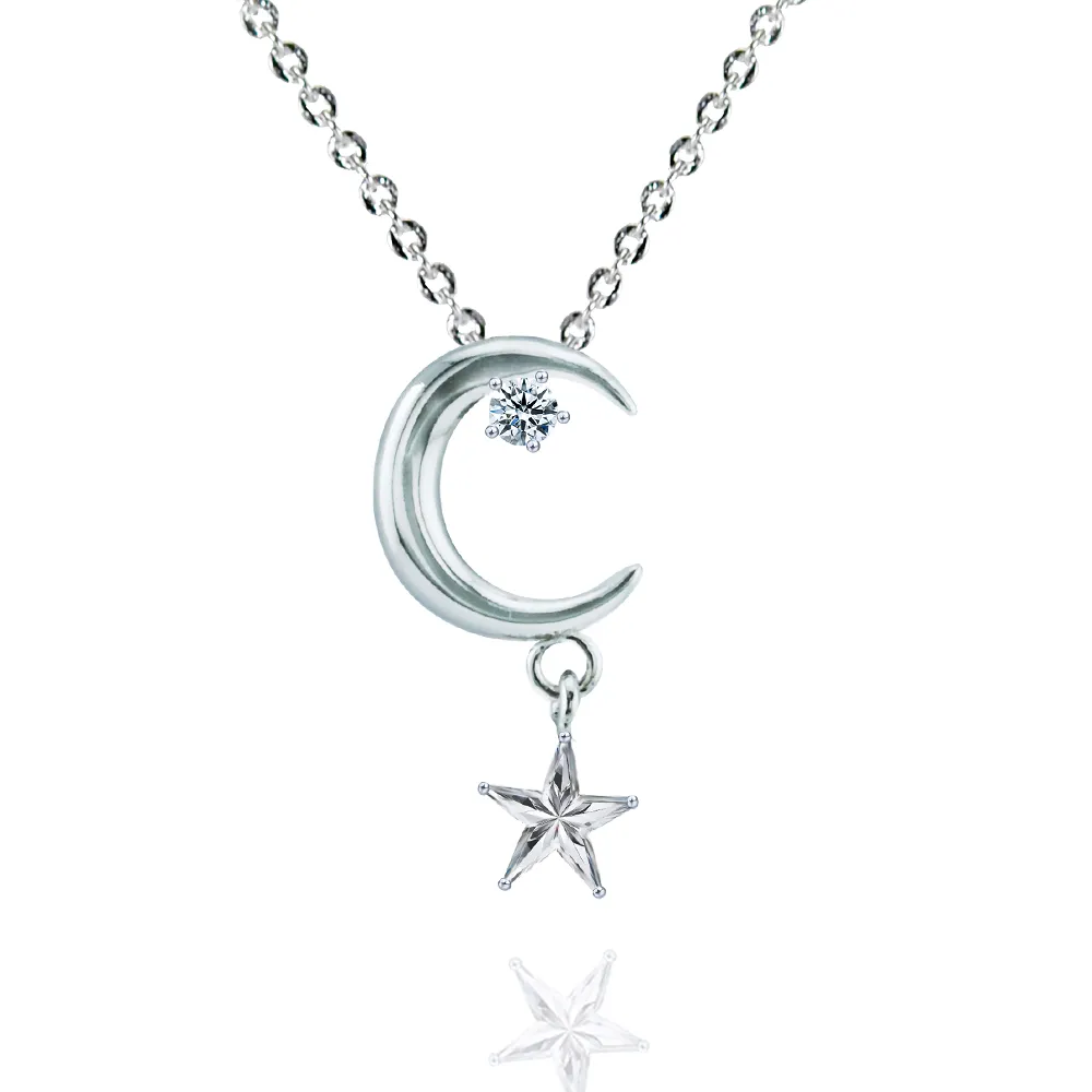 【金緻品】925純銀墜鋼鍊 皎潔星月(月亮 星星 鋯石 白鑽 純銀項鍊 抗過敏 不生鏽 非鍍銀)