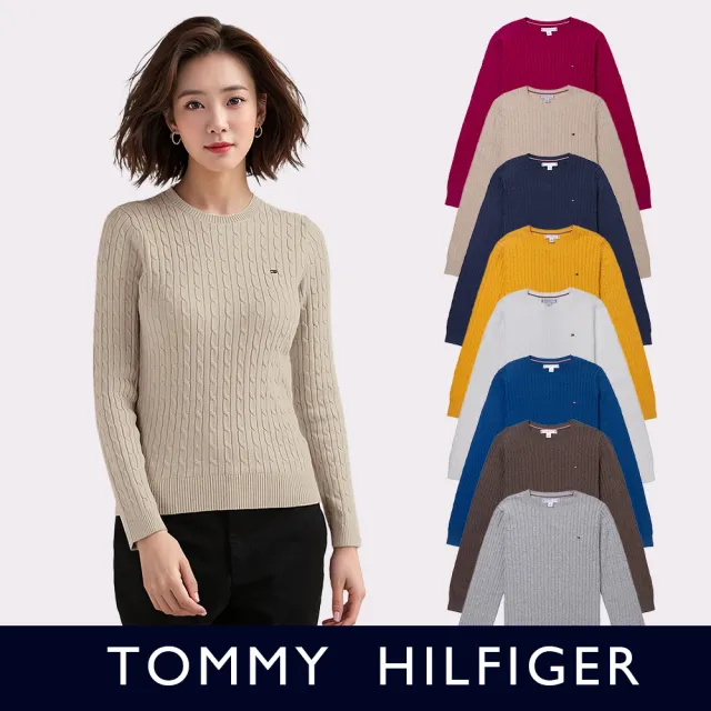 【TOMMY HILFIGER】TOMMY 經典圓領刺繡小LOGO麻花針織毛衣 上衣-女-多色選(平輸品/秋冬保暖舒適)