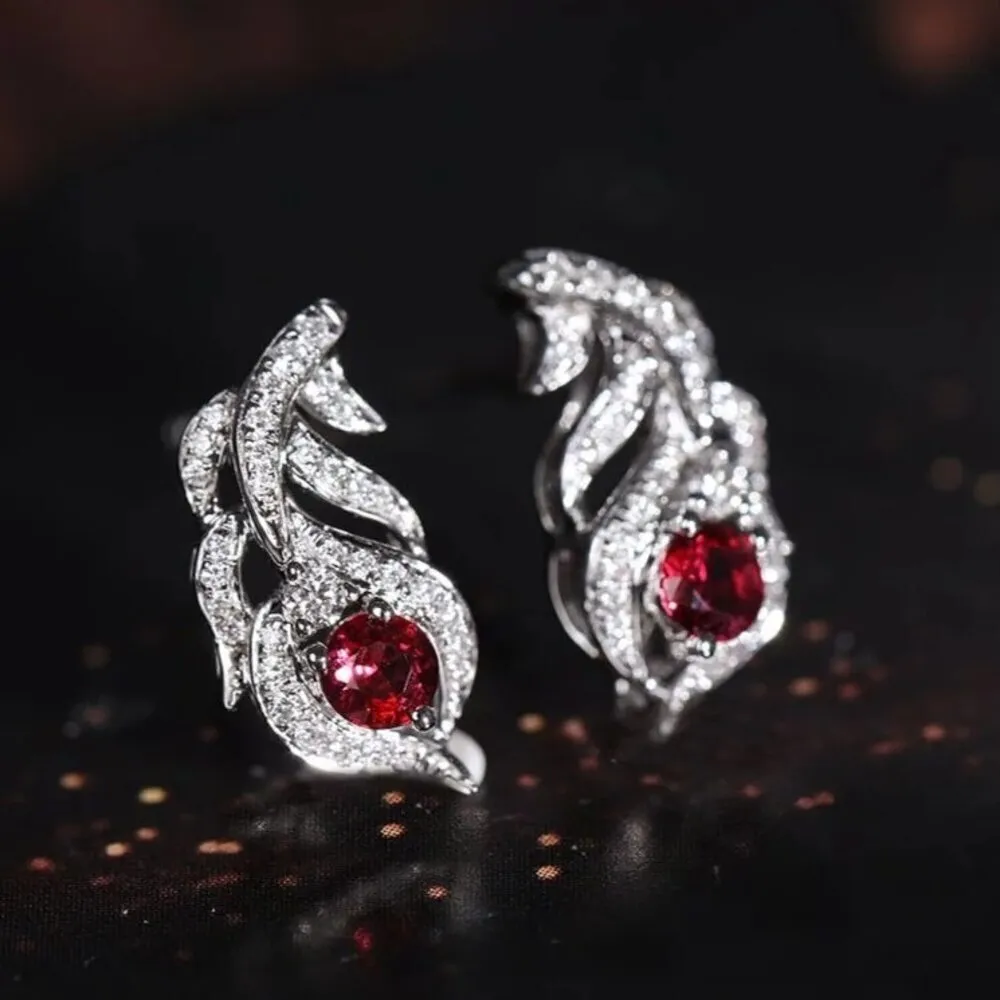 【海斯珠寶】小羽毛系列 18K金 0.29-0.33ct 鴿血紅寶石 天然鑽石 耳環 宮廷羽紋鑲嵌工藝 送禮禮盒包裝