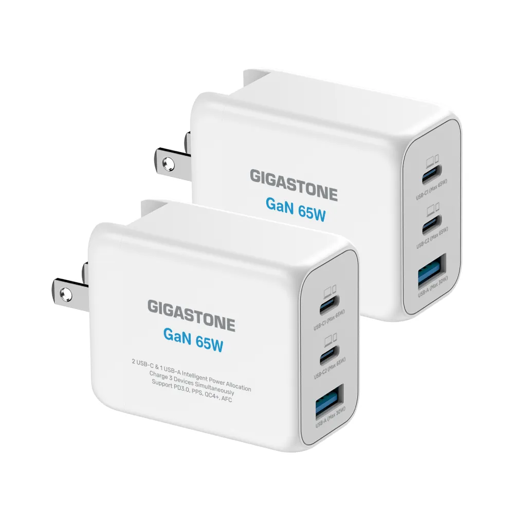 【Gigastone 立達國際】2入組 65W GaN氮化鎵Type-C三孔快充充電器PD-7650 (白色/ 手機 平板 筆電快充)