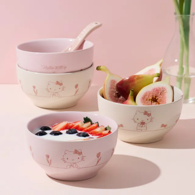 【STAUB】Hello Kitty 粉紅奶酪&燕麥白圓形陶瓷餐碗12cm雙色4件組-凱蒂花語(德國雙人集團官方直營)