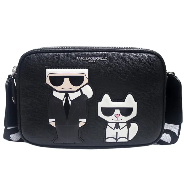 【KARL LAGERFELD 卡爾】墨鏡老佛爺貓咪皮標防刮皮革相機斜背包(黑)