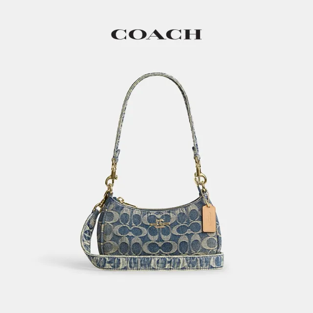 【COACH】蔻馳官方直營 TERI迷你經典SIGNATURE棉丹寧布斜背手袋-IM/丹寧色(CFO82)