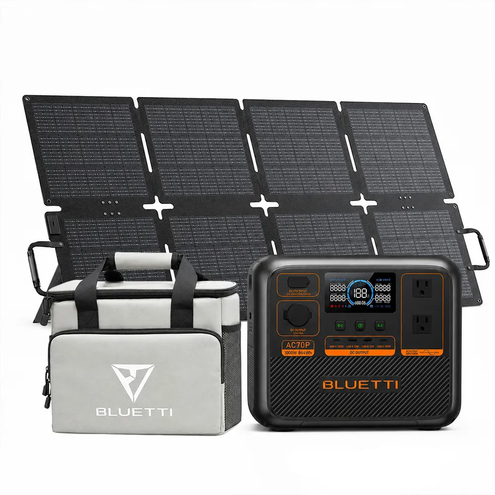 【BLUETTI】AC70P 1000W 戶外移動電源 130W太陽能板套組(移動電源 戶外電池 露營 車宿 行動電源 UPS)
