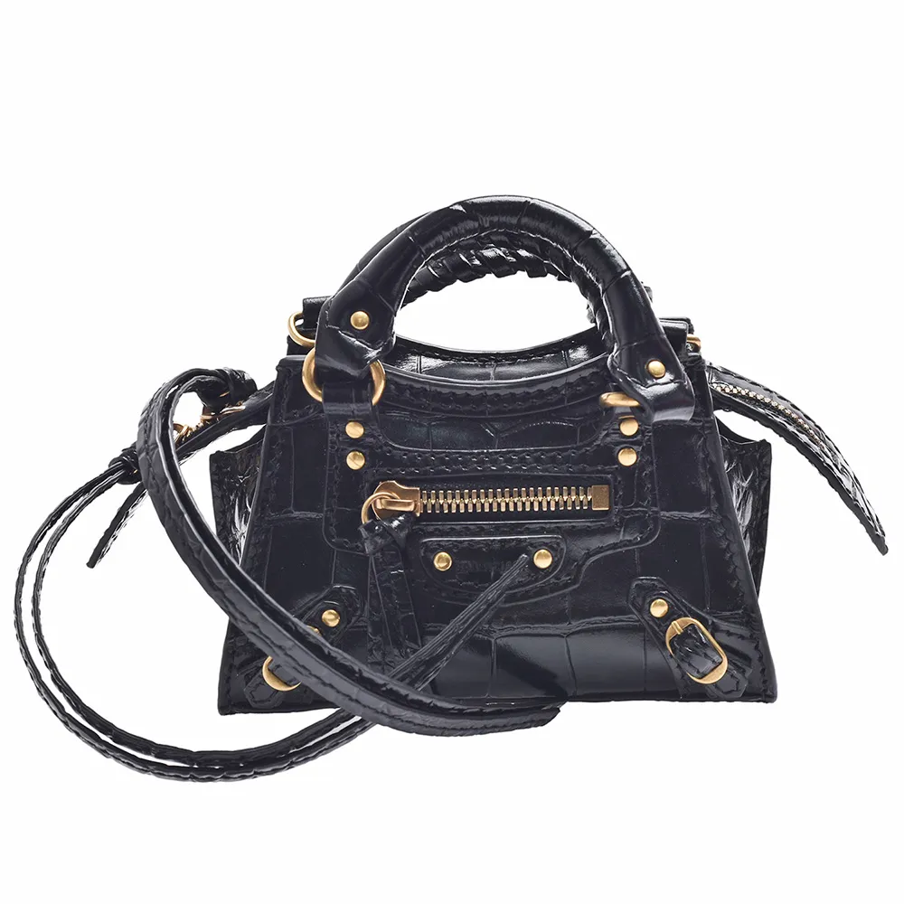 【Balenciaga 巴黎世家】經典鱷魚壓紋小牛皮手提/斜背小包(迷你-黑色669537-1ROD1-1000)