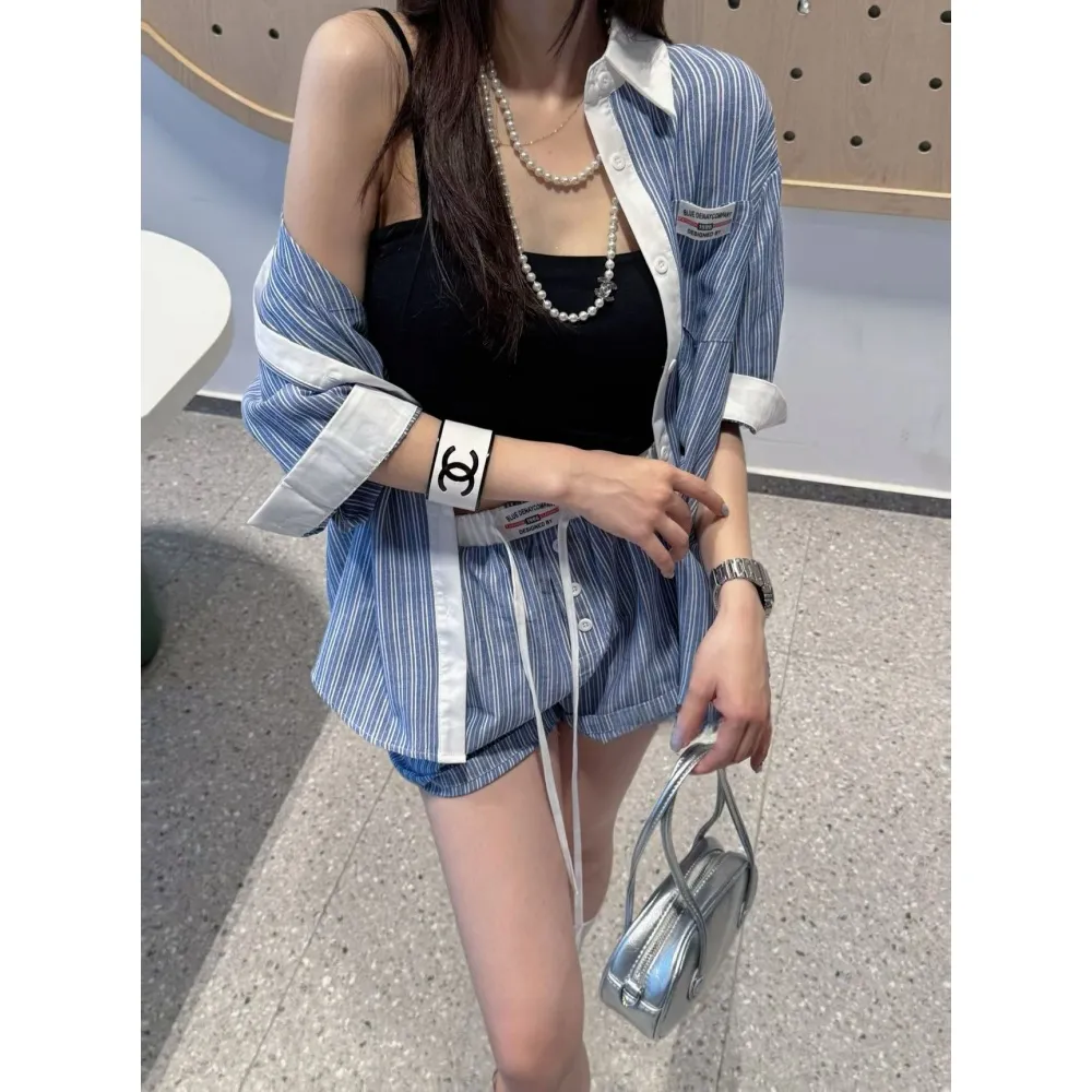 CHILL 慵懶高感！美式條紋襯衫+抽繩短褲套裝 兩件套 撞色領口 韓系套裝 睡衣風