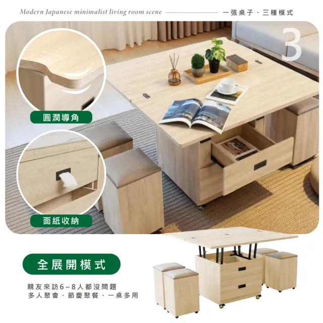 【IHouse】岩板+萬向輪 1桌4椅緩衝款升降茶几(台灣製木心板工作桌餐桌變形金剛多功能桌)