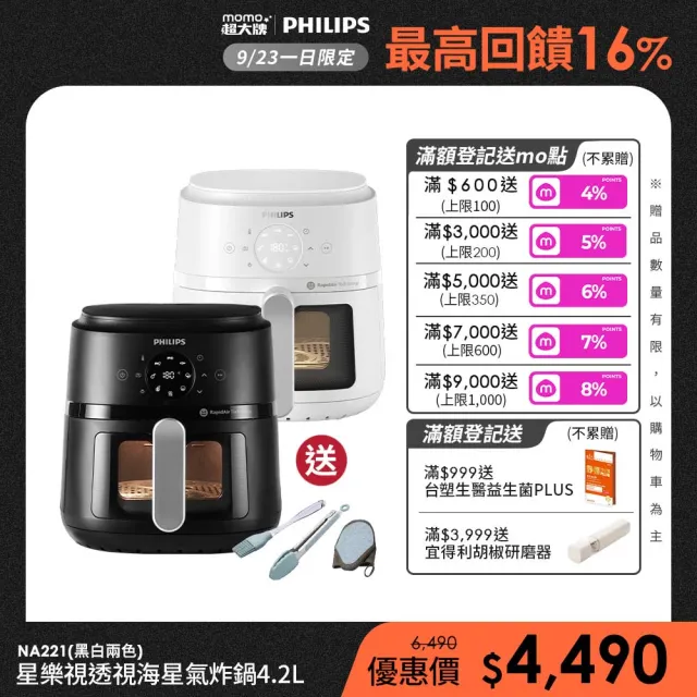 【Philips 飛利浦】抽UX20戰鬥陀螺_星樂視透視海星氣炸鍋4.2L_NA221_黑白兩色任選