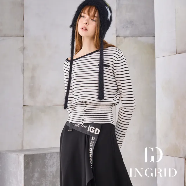 【IGD 英格麗】實體同步款-法式優雅條紋腰釦上衣-白色