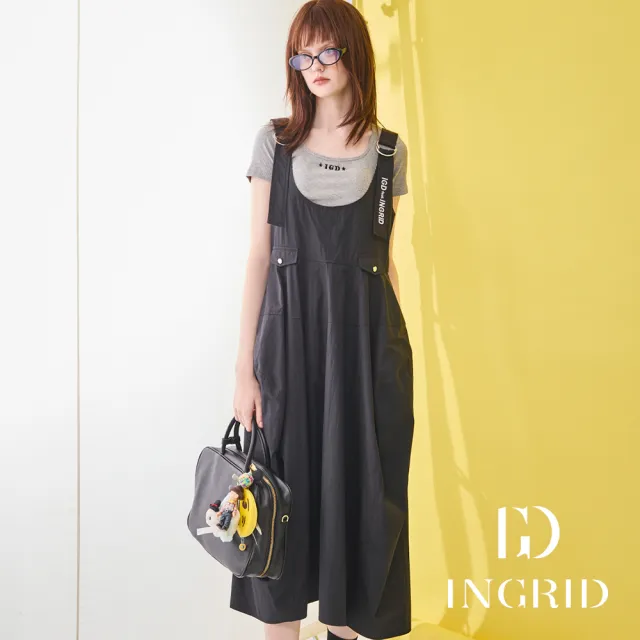 【IGD 英格麗】實體同步款-花苞吊帶長裙-黑色