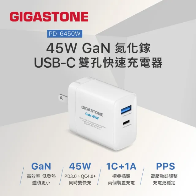 【Gigastone 立達國際】2入組 PD/QC3.0 45W雙孔快速充電器PD-6450W(iPhone/手機/平板/快充充電頭)