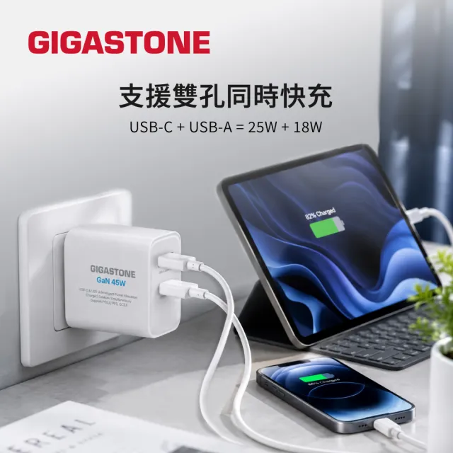 【Gigastone 立達國際】2入組 PD/QC3.0 45W雙孔快速充電器PD-6450W(iPhone/手機/平板/快充充電頭)