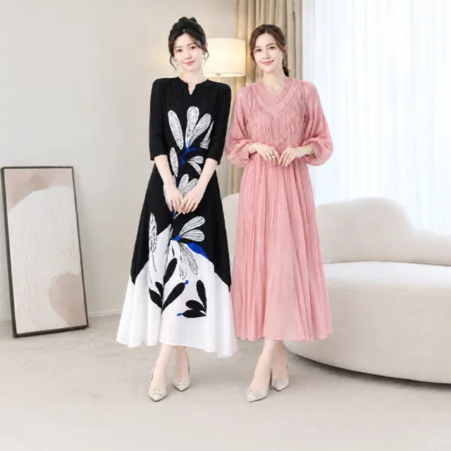 【K.W.】MOMO限定韓國三宅風秋新品首發輕褶衣洋裝(壓褶 中大尺碼 小禮服 小香風)