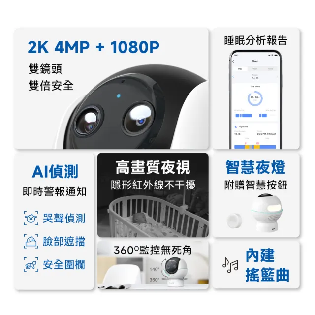 【TP-Link】2K4MP+1080P雙畫面智慧嬰兒攝影機 Wi-Fi監視器 旋轉式 哭聲偵測  支援512GB(Tapo C840)