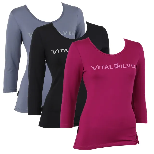 【Vital Silver 銀盾】女U領印花七分袖上衣 運動上衣 機能上衣 休閒上衣(台灣製/透氣舒適/活動自在)