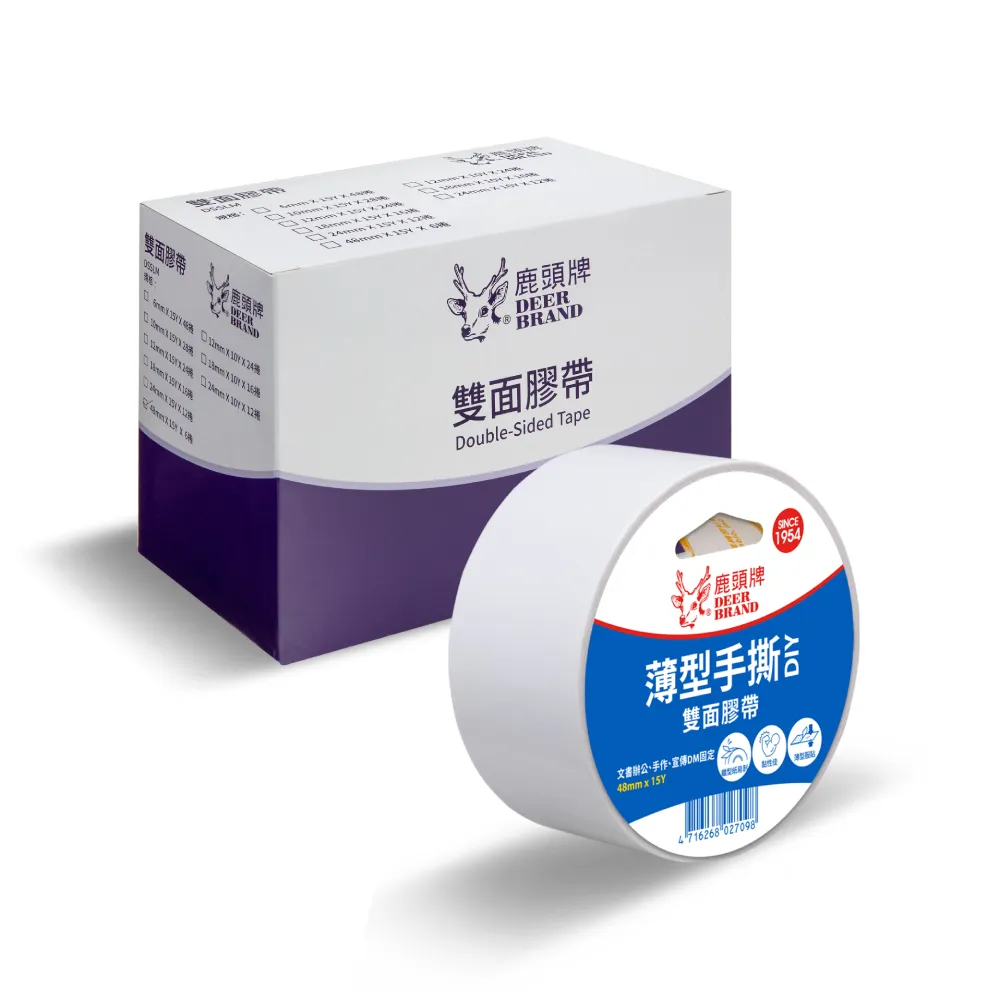 【DEER BRAND 鹿頭牌】薄型手撕雙面膠帶6入組 48mm x 15Y