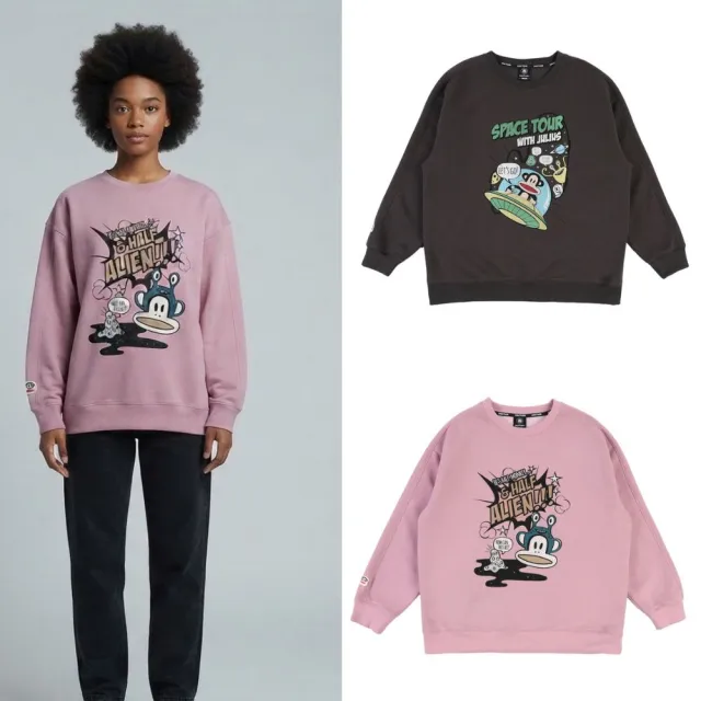 【Paul Frank 大嘴猴】官方直營 女款 粉色外星人圖案 / 深灰色飛碟圖案 長版長袖上衣