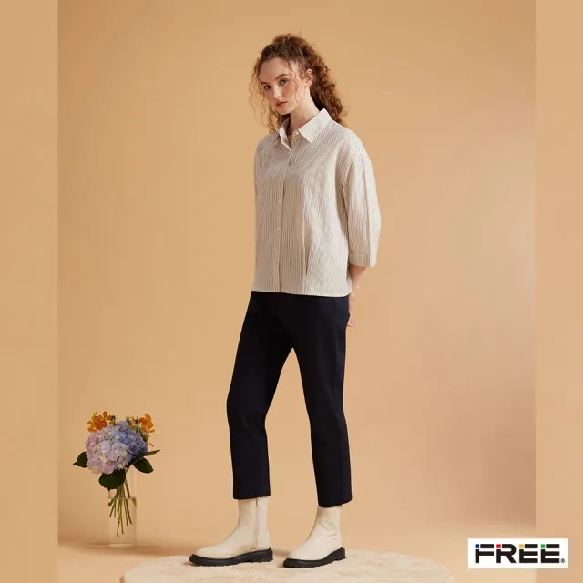 【FREE】進口棉麻條紋七分袖襯衫