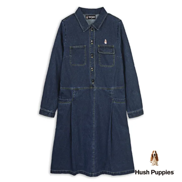 【Hush Puppies】女裝 洋裝 撞色車線多口袋牛仔襯衫洋裝 (深藍 / 64215105)