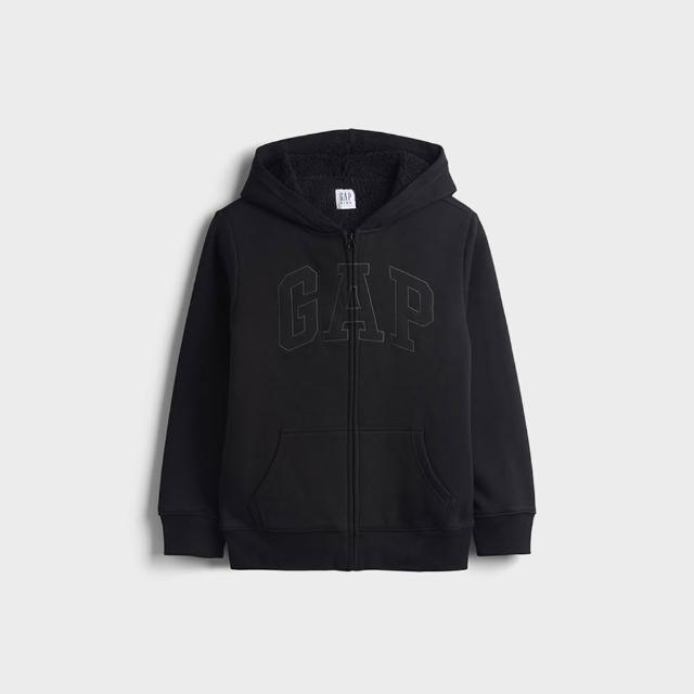 【GAP】兒童仿羊羔絨內裡拉鍊連帽外套-黑色(909444)